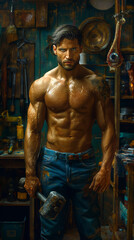 A sweaty and shirtless muscular man wearing blue jeans and holding a big hammer inside of his workshop