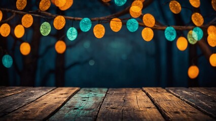 Wall Mural - Rustic wood boards mockup background with orange and blue dots of bokeh lights