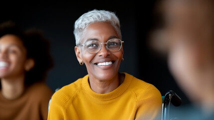 smiling senior black woman with short white hair and eyeglasses sitting in team meeting at office