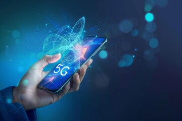 Poster - Creative background with a man holding a telephone in front of a 5G hologram on a city background. A 5G network is a high-speed mobile Internet network with new technology.