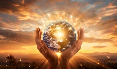 Poster - A sunset background with abstract hands holding global network and data exchanges.