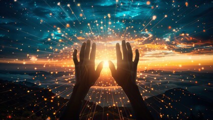 Poster - This abstract palm hand concept represents global network connections and innovative technology in science and communication.
