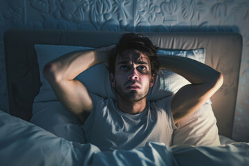 Portrait of tired young man lying in bed alone and sadly looking up at ceiling. Depression, stress, problems, apathy, insomnia, sleep disorder, noisy neighbours