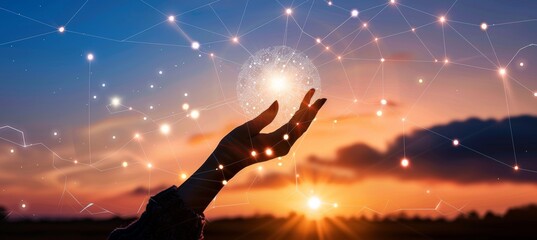 Poster - Global network connection and data exchanges on sunset background with hand of businessman touching circle, Science, Innovation, Communication, Technology concept.