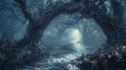 Poster - A dark forest with a river running through it. The trees are lit up with fireflies. Scene is eerie and mysterious