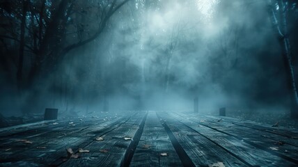 Poster - A foggy forest with a wooden bridge in the middle. The bridge is surrounded by trees and the fog is thick, creating a mysterious and eerie atmosphere
