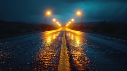 Poster - A road with a yellow line and a few street lights