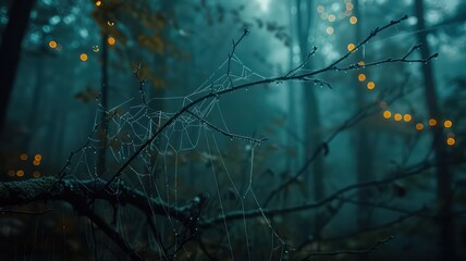Aufkleber - A spider web is on a tree branch in the woods. The web is very thin and delicate, and it is surrounded by a misty, dark forest. The image has a mysterious and eerie mood