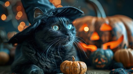 Poster - A black cat wearing a witch's hat is laying on a table with pumpkins and other Halloween decorations