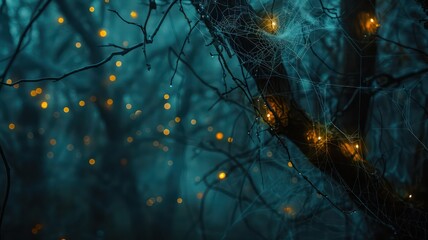 Poster - A tree with a spider web and lights on it