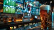 © spyrakot - Luxurious Sports Bar with Multiple Screens Showing Football Match and Frothy Beer Glass