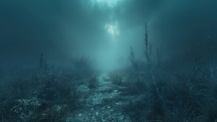Poster - A dark, foggy forest with a path through it. The sky is cloudy and the moon is barely visible. Scene is eerie and mysterious