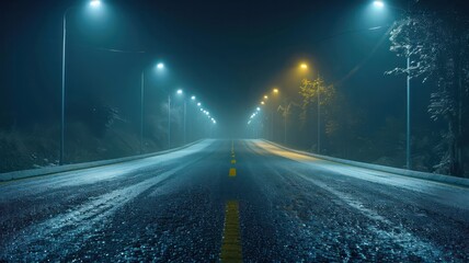 Poster - A dark, rainy night with a long, empty road. The streetlights are lit up, casting a yellow glow on the wet pavement. The scene is quiet and peaceful, with no signs of traffic or pedestrians