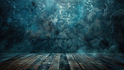 Poster - A blue wall with a wooden floor and a blue sky