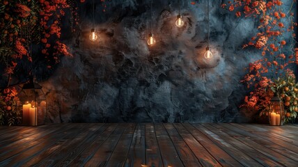 Poster - A dark room with a wooden floor and a wall with three lights hanging from it. The lights are orange and the room is dimly lit