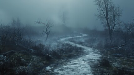 Aufkleber - A dark and foggy forest with a path leading through it. The path is wet and muddy, and there are trees on either side. Scene is eerie and mysterious, as the fog