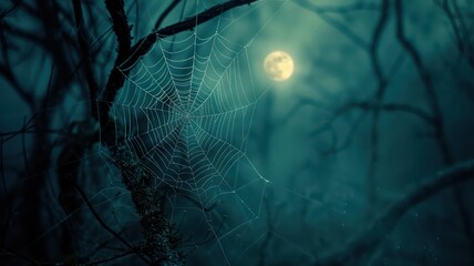 Poster - A spider web is hanging from a tree branch in the dark. The moon is shining brightly in the sky