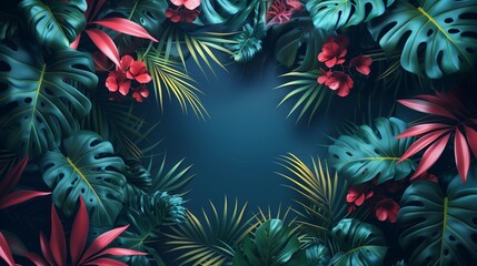Poster - Tropical Leaf and Flower Frame on Blue Background