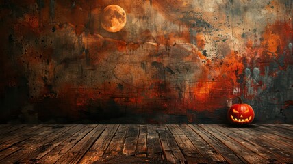 Poster - A room with a pumpkin on the floor and a moon in the background. The room is dark and spooky