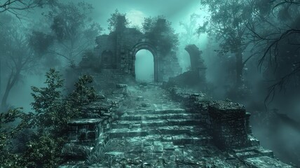 Aufkleber - A dark forest with a stone archway leading to a mysterious castle. The atmosphere is eerie and mysterious