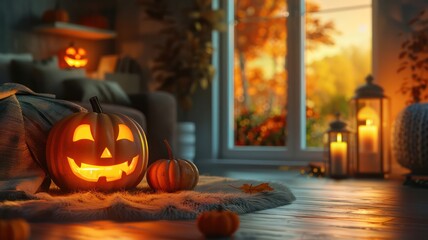 Poster - a room with a pumpkin and two other pumpkins on a rug. the room is decorated for halloween