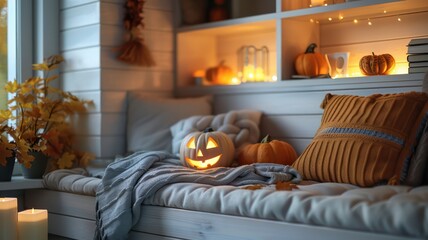 Poster - a cozy living room with a pumpkin on a pillow and a pumpkin on the floor. the room is decorated with