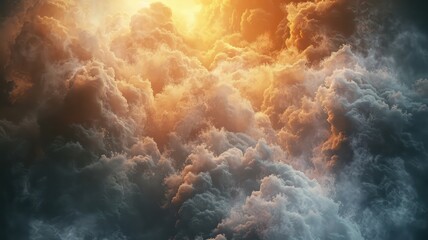 Wall Mural - The sky is filled with clouds and the sun is shining through them. The clouds are orange and yellow, creating a warm and inviting atmosphere