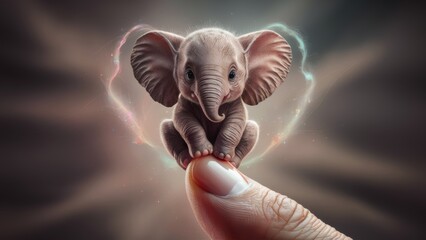 Poster - A small elephant sitting on a finger with heart shaped background, AI