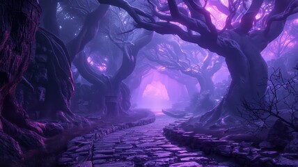 Aufkleber - A dark forest with purple trees and a path. Scene is mysterious and eerie