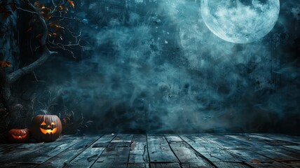 Poster - A Halloween scene with a pumpkin lantern and a full moon in the background. Scene is spooky and eerie