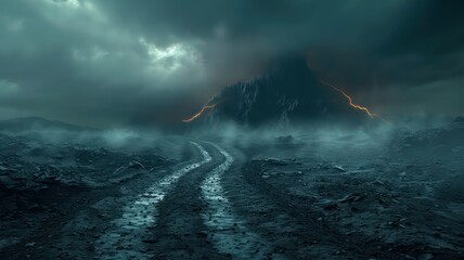 Poster - A desolate landscape with a mountain in the background and a road leading to it. The sky is dark and cloudy, and the atmosphere is eerie and mysterious