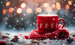© VictoriaEmerson - Warm drink in a red knitted mug, covered in snow and surrounded by winter decor