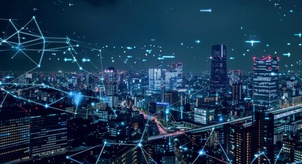 Poster - Wireless mobile internet technology for smart grids, 5G LTE data connections and IoT concepts, global business, fintech and blockchain technology