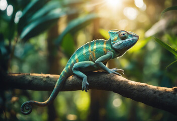 Wall Mural - A chameleon blending into the vibrant foliage of a tropical rainforest, with beams of sunlight filte
