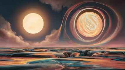 Poster - A painting of a large moon and sun in the sky, AI