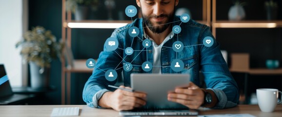 Poster - working remotely at home with a laptop. concept of remote work or networking. global business networ