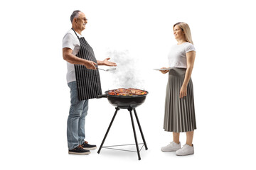 Poster - Mature man making bbq and talking to a young woman with an empy plate