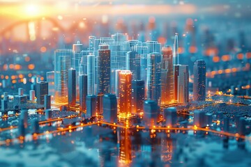 Wall Mural - Digital Cityscape With Illuminated Skyscrapers at Sunset