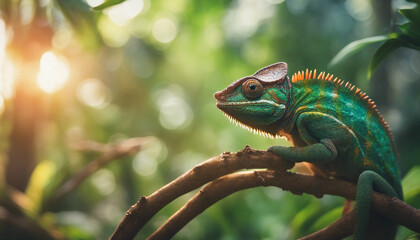 Wall Mural - A chameleon blending into the vibrant foliage of a tropical rainforest, with beams of sunlight filte
