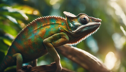 Wall Mural - A chameleon blending into the vibrant foliage of a tropical rainforest, with beams of sunlight filte
