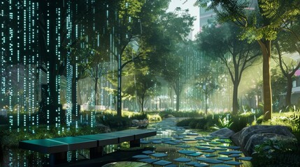 Poster - A tranquil urban park at dusk features trees illuminated with glowing lights. A wooden bench sits by a stream lined with stepping stones.