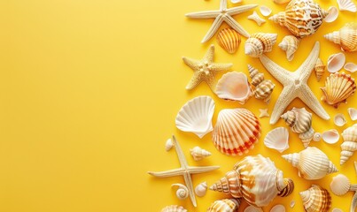 Wall Mural - A yellow background with a variety of seashells and starfish. Free copy space for text.