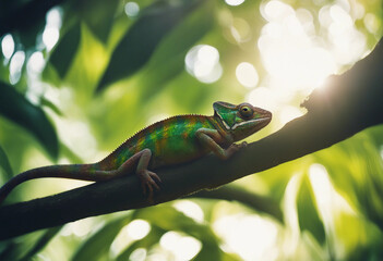 Wall Mural - A chameleon blending into the vibrant foliage of a tropical rainforest, with beams of sunlight filte
