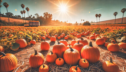 pumpkin patch under a bright sun with a truck in the background.