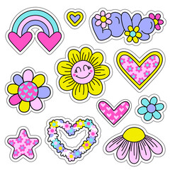 Wall Mural - Set of cute stickers with funny elements. Girlish stickers in bright colours isolated on white background. Fashion patch in retro groovy style. Flower, rainbow, heart, love