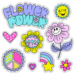 Wall Mural - Set of cute stickers with funny elements. Girlish stickers in bright colours isolated on white background. Fashion patch in retro groovy style. Flower, rainbow, heart, love