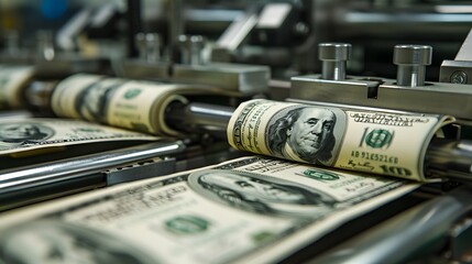 Money printing press machine in the factory closeup, dollar currency 100 paper bill printer. Monetary industry for financial benefit of the rich and wealthy, reserves for the economic inflation