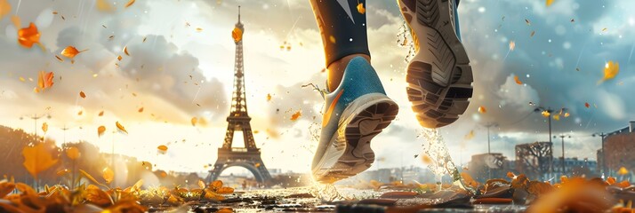 Foot of an athlete running in Paris, sports shoes sole, eiffel tower, Illustration for Paris 2024 summer olympic games imagined by AI generative - not the actual event