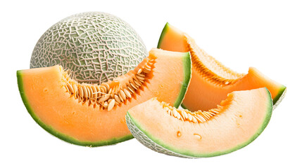 Wall Mural - Fresh Cantaloupe Slices and Whole Melon on White
