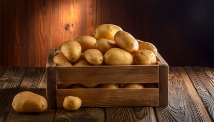 Wall Mural - Potatoes in a weathered wooden box